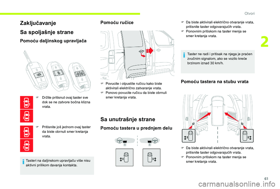 CITROEN JUMPER SPACETOURER 2018  Priručnik (in Serbian) 61
Zaključavanje
Sa spoljašnje strane
Pomoću daljinskog upravljača
F Držite pritisnut ovaj taster sve dok se ne zatvore bočna klizna 
vrata.
F
 
P
 ritisnite još jednom ovaj taster 
da biste ob