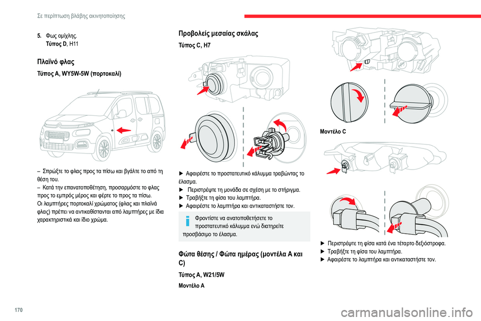 CITROEN BERLINGO VAN 2021 ΟΔΗΓΌΣ ΧΡΉΣΗΣ (in Greek) 170
Σε περίπτωση βλάβης ακινητοποίησης
5.Φως ομίχλης.
Τύπος
D, H11
Πλαϊνό φλας
Τύπος A, WY5W-5W (πορτοκαλί)
– Σπρώξτ CITROEN BERLINGO VAN 2021 ΟΔΗΓΌΣ ΧΡΉΣΗΣ (in Greek) 170
Σε περίπτωση βλάβης ακινητοποίησης
5.Φως ομίχλης.
Τύπος
D, H11
Πλαϊνό φλας
Τύπος A, WY5W-5W (πορτοκαλί)
– Σπρώξτ