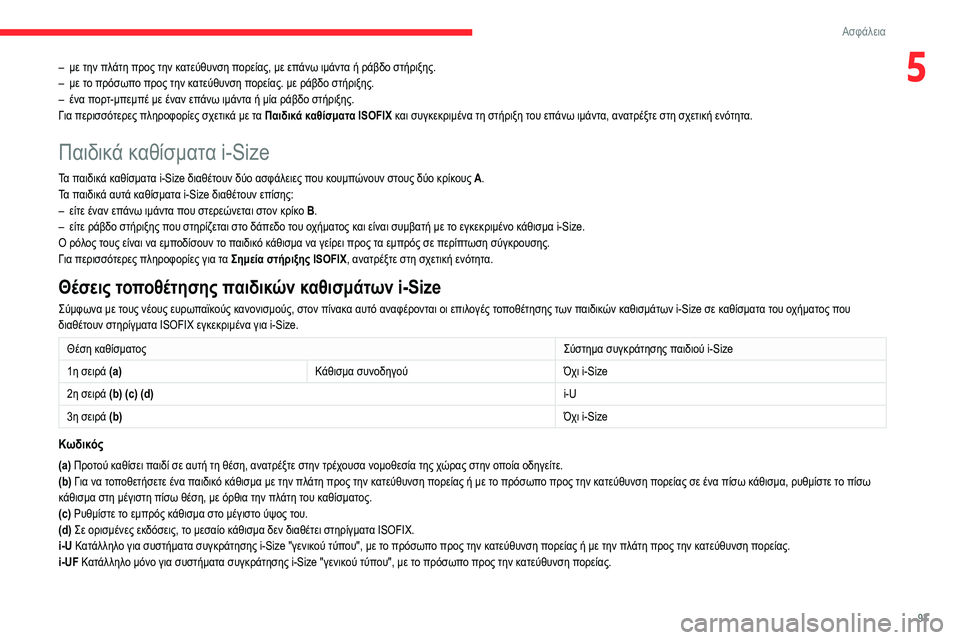 CITROEN BERLINGO VAN 2021  ΟΔΗΓΌΣ ΧΡΉΣΗΣ (in Greek) 93
Ασφάλεια
5– με την πλάτη προς την κατεύθυνση πορείας, με επάνω ιμάντα ή ράβδο στήριξης.
–  με τ ο πρόσωπο προ