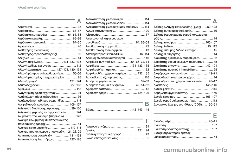CITROEN C3 2020 ΟΔΗΓΌΣ ΧΡΉΣΗΣ (in Greek) 198
Αλφαβητικό ευρετήριο
Α
Αεραγωγοί 38
Αερόσακοι
63–67
Αερόσακοι εμπρόσθιοι
64–65, 68
Αερόσακοι κεφαλής
CITROEN C3 2020 ΟΔΗΓΌΣ ΧΡΉΣΗΣ (in Greek) 198
Αλφαβητικό ευρετήριο
Α
Αεραγωγοί 38
Αερόσακοι
63–67
Αερόσακοι εμπρόσθιοι
64–65, 68
Αερόσακοι κεφαλής