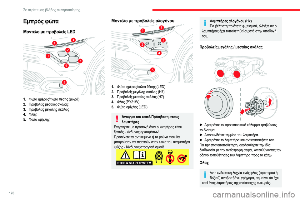 CITROEN C4 2021 ΟΔΗΓΌΣ ΧΡΉΣΗΣ (in Greek) 176
Σε περίπτωση βλάβης ακινητοποίησης
Εμπρός φώτα
Μοντέλο με προβολείς LED
1.Φώτα ημέρας/Φώτα θέσης (μικρά)
2. Π CITROEN C4 2021 ΟΔΗΓΌΣ ΧΡΉΣΗΣ (in Greek) 176
Σε περίπτωση βλάβης ακινητοποίησης
Εμπρός φώτα
Μοντέλο με προβολείς LED
1.Φώτα ημέρας/Φώτα θέσης (μικρά)
2. Π