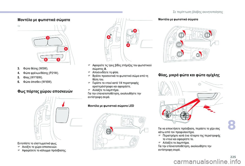 CITROEN C4 SPACETOURER 2021  ΟΔΗΓΌΣ ΧΡΉΣΗΣ (in Greek) 225
3.Φώτα θέσης (W5W).
4. Φώτα φρένων/θέσης (P21W).
5. Φλας (W Y16W).
6. Φώτα όπισθεν (W16W).
Φως πόρτας χώρου αποσκευών
Μοντέ λο 