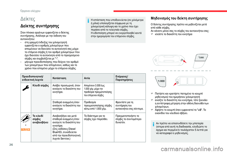 CITROEN C4 SPACETOURER 2021  ΟΔΗΓΌΣ ΧΡΉΣΗΣ (in Greek) 26
Δείκτες
Δείκτης συντήρησης
Στον πίνακα οργάνων εμφανίζεται ο δείκτης 
συντήρησης. Ανάλογα με την έκδοση το�