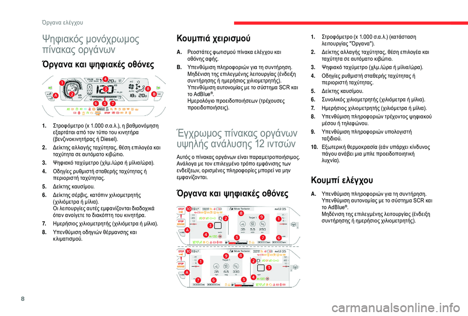 CITROEN C4 SPACETOURER 2021  ΟΔΗΓΌΣ ΧΡΉΣΗΣ (in Greek) 8
Ψηφιακός μονόχρωμος 
πίνακας οργάνων
Όργανα και ψηφιακές οθόνες
1.Στροφόμετρο (x 1.000   σ.α.λ.), η βαθμονόμηση 
εξ
