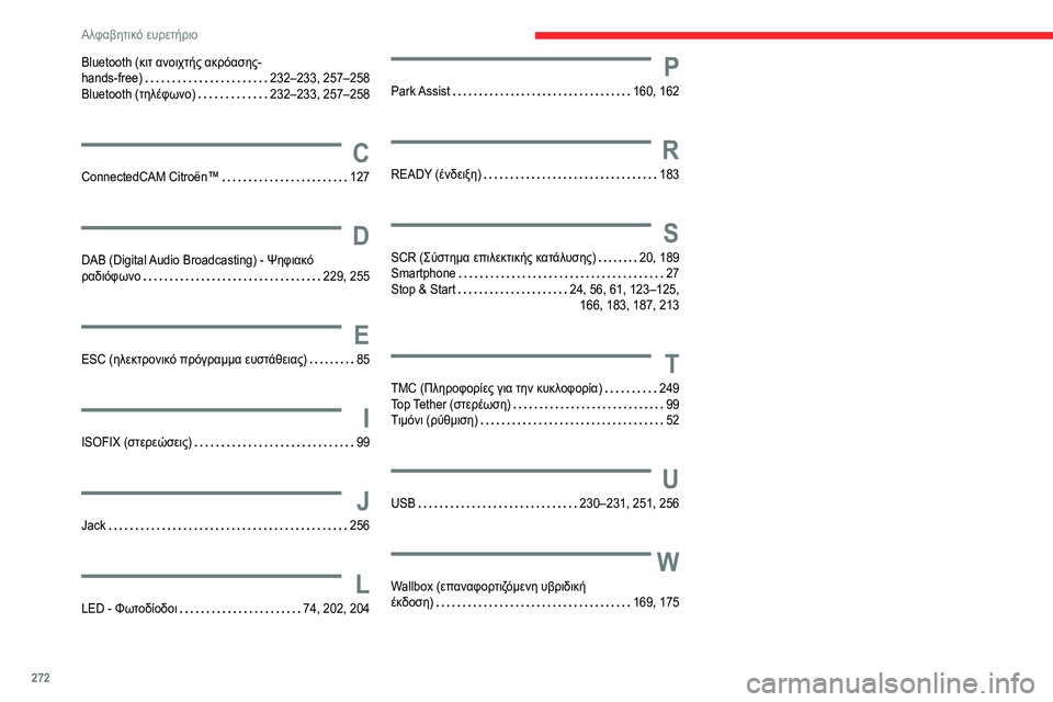 CITROEN C5 AIRCROSS 2022 ΟΔΗΓΌΣ ΧΡΉΣΗΣ (in Greek) 272
Αλφαβητικό ευρετήριο
Bluetooth (κιτ ανοιχτής ακρόασης-
hands-free)
232–233, 257–258
Bluetooth (τηλέφωνο)
232–233, 257–258
C
Connec CITROEN C5 AIRCROSS 2022 ΟΔΗΓΌΣ ΧΡΉΣΗΣ (in Greek) 272
Αλφαβητικό ευρετήριο
Bluetooth (κιτ ανοιχτής ακρόασης-
hands-free)
232–233, 257–258
Bluetooth (τηλέφωνο)
232–233, 257–258
C
Connec