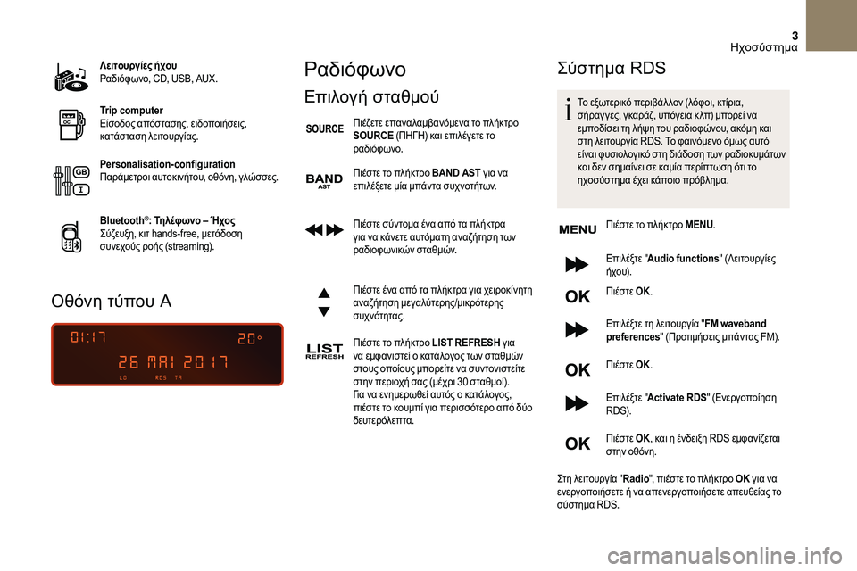 CITROEN DS3 2018 ΟΔΗΓΌΣ ΧΡΉΣΗΣ (in Greek) 3
Λειτουργίες ήχου
Ραδιόφωνο, CD, USB, AUX.
Trip computer
Είσοδος απόστασης, ειδοποιήσεις,
κατάσταση λειτουργίας.
Personalisati CITROEN DS3 2018 ΟΔΗΓΌΣ ΧΡΉΣΗΣ (in Greek) 3
Λειτουργίες ήχου
Ραδιόφωνο, CD, USB, AUX.
Trip computer
Είσοδος απόστασης, ειδοποιήσεις,
κατάσταση λειτουργίας.
Personalisati