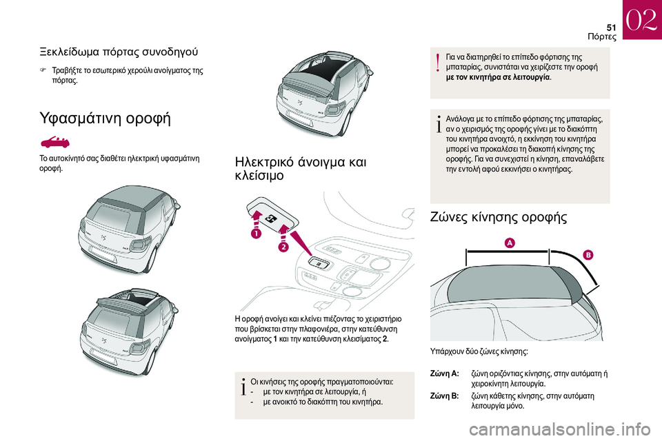 CITROEN DS3 2018  ΟΔΗΓΌΣ ΧΡΉΣΗΣ (in Greek) 51
Ξεκλείδωμα πόρτας συνοδηγού
F Τραβήξτε το εσωτερικό χερούλι ανοίγματος της πόρτας.
Υφασμάτινη οροφή
Το αυτ