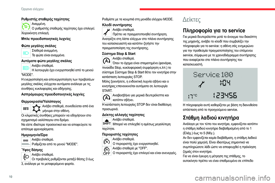CITROEN JUMPER 2020 ΟΔΗΓΌΣ ΧΡΉΣΗΣ (in Greek) 10
Όργανα ελέγχου
Ρυθμιστής σταθερής ταχύτηταςΑναμμένη.Ο ρυθμιστής σταθερής ταχύτητας έχει επιλεγεί.
Χειροκ CITROEN JUMPER 2020 ΟΔΗΓΌΣ ΧΡΉΣΗΣ (in Greek) 10
Όργανα ελέγχου
Ρυθμιστής σταθερής ταχύτηταςΑναμμένη.Ο ρυθμιστής σταθερής ταχύτητας έχει επιλεγεί.
Χειροκ