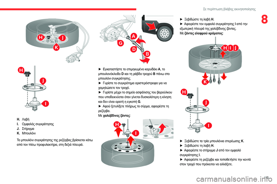 CITROEN JUMPER 2020 ΟΔΗΓΌΣ ΧΡΉΣΗΣ (in Greek) 11 3
Σε περίπτωση βλάβης ακινητοποίησης
8
H.Λαβή
I. Ομφαλός συγκράτησης
J. Στήριγμα
K. Μπουλόνι
Το μπουλόνι συγκρ CITROEN JUMPER 2020 ΟΔΗΓΌΣ ΧΡΉΣΗΣ (in Greek) 11 3
Σε περίπτωση βλάβης ακινητοποίησης
8
H.Λαβή
I. Ομφαλός συγκράτησης
J. Στήριγμα
K. Μπουλόνι
Το μπουλόνι συγκρ