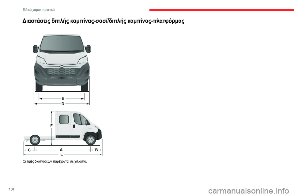 CITROEN JUMPER 2020 ΟΔΗΓΌΣ ΧΡΉΣΗΣ (in Greek) 150
Ειδικά χαρακτηριστικά
Διαστάσεις διπλής καμπίνας-σασί/διπλής καμπίνας-πλατφόρμας
Οι τιμές διαστάσεω CITROEN JUMPER 2020 ΟΔΗΓΌΣ ΧΡΉΣΗΣ (in Greek) 150
Ειδικά χαρακτηριστικά
Διαστάσεις διπλής καμπίνας-σασί/διπλής καμπίνας-πλατφόρμας
Οι τιμές διαστάσεω