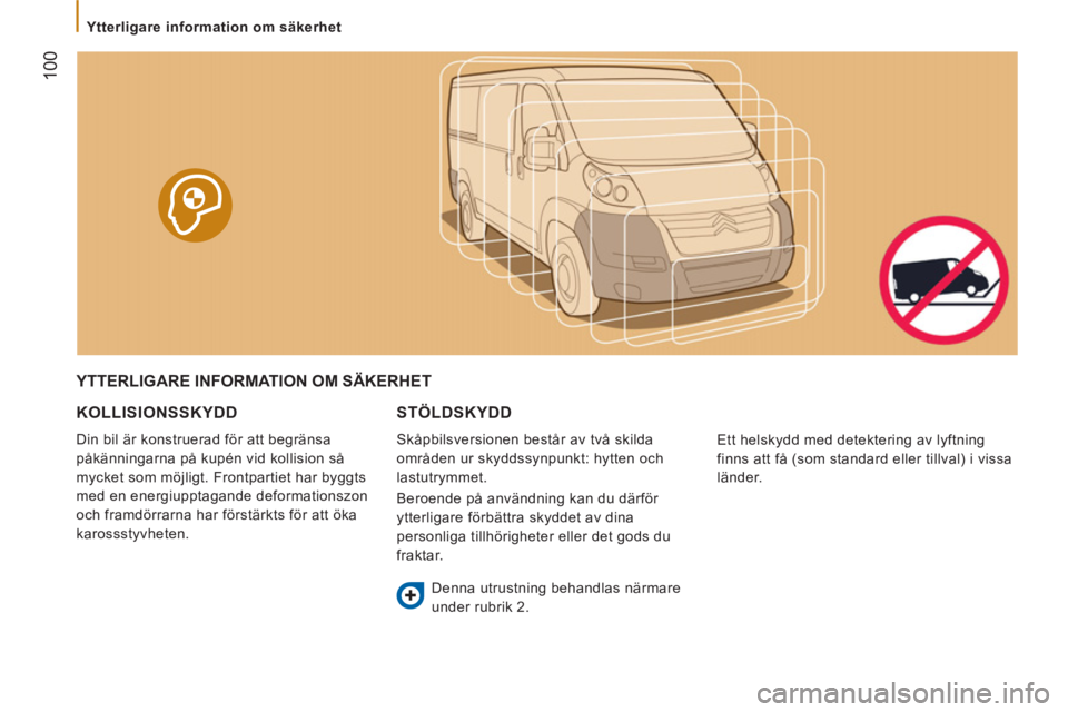 CITROEN JUMPER 2012 InstruktionsbÖcker (in Swedish)
Ytterligare information om säkerhet
100
YTTERLIGARE INFORMATION OM SÄKERHET
KOLLI
SIONSSKYDD
Din bil är konstruerad för att begränsa
påkänningarna på kupén vid kollision så CITROEN JUMPER 2012 InstruktionsbÖcker (in Swedish)
Ytterligare information om säkerhet
100
YTTERLIGARE INFORMATION OM SÄKERHET
KOLLI
SIONSSKYDD
Din bil är konstruerad för att begränsa
påkänningarna på kupén vid kollision så