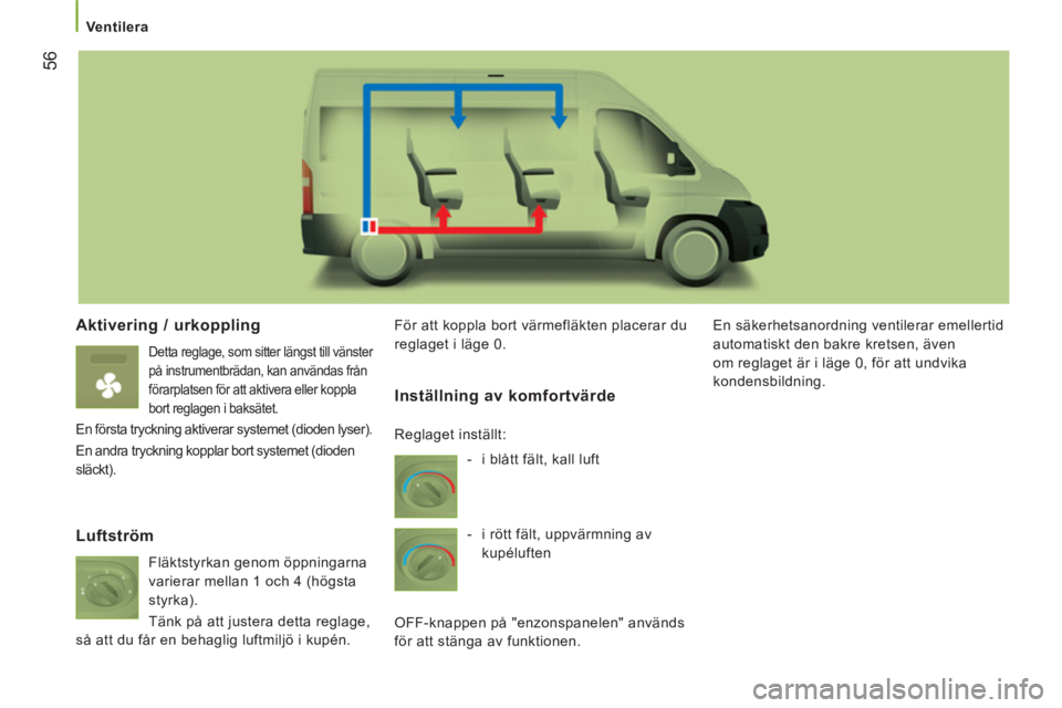 CITROEN JUMPER 2012 InstruktionsbÖcker (in Swedish)
Ventilera
56
Aktivering / urkoppling
Detta reglage, som sitter längst till vänster
på instrumentbrädan, kan användas från
förarplatsen för att aktivera eller koppla
bort reglag CITROEN JUMPER 2012 InstruktionsbÖcker (in Swedish)
Ventilera
56
Aktivering / urkoppling
Detta reglage, som sitter längst till vänster
på instrumentbrädan, kan användas från
förarplatsen för att aktivera eller koppla
bort reglag
