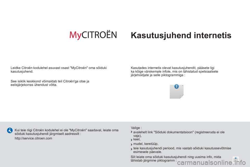 CITROEN BERLINGO ELECTRIC 2015  Kasutusjuhend (in Estonian)   Kasutusjuhend internetis
 
 
Kasutades internetis olevat kasutusjuhendit, pääsete ligi 
ka kõige värskemale infole, mis on tähistatud spetsiaalsete 
järjehoidjate ja selle piktogrammiga :  
  