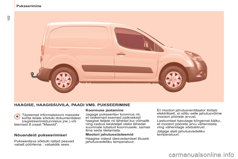 CITROEN BERLINGO ELECTRIC 2015 Kasutusjuhend (in Estonian) 102
Pukseerimine
Täpsemat informatsiooni masside
kohta leiate sõiduki dokumentidest
(registreerimistunnistus jne.) või
teemast 8 osast "Massid".
HAAGISE, HAAGISSUVILA, PAADI VMS. CITROEN BERLINGO ELECTRIC 2015 Kasutusjuhend (in Estonian) 102
Pukseerimine
Täpsemat informatsiooni masside
kohta leiate sõiduki dokumentidest
(registreerimistunnistus jne.) või
teemast 8 osast "Massid".
HAAGISE, HAAGISSUVILA, PAADI VMS.