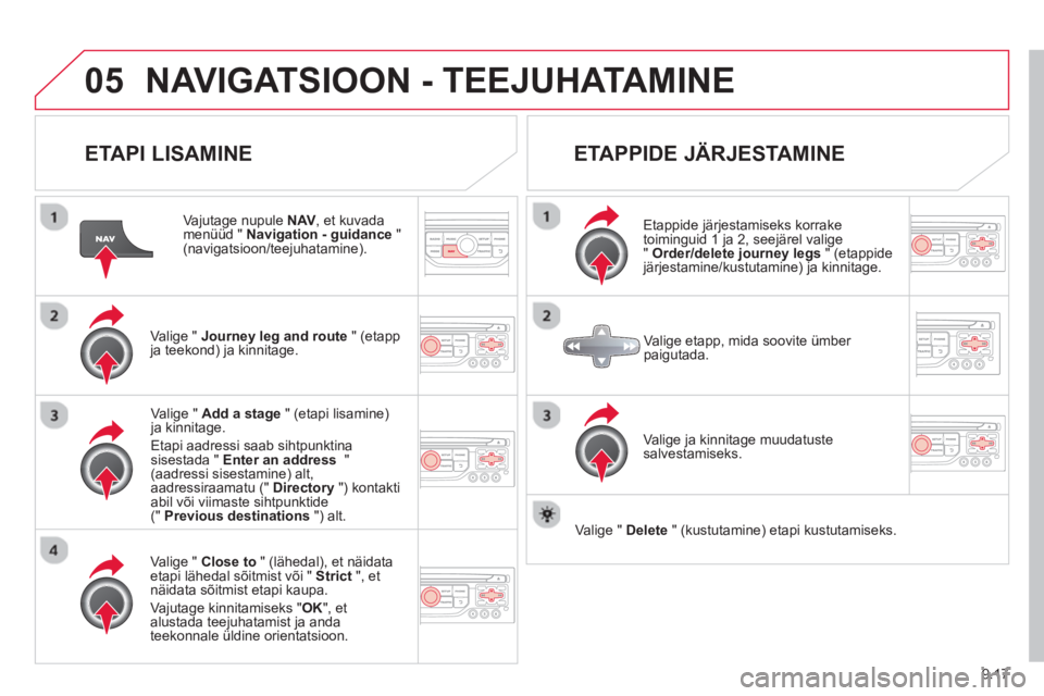 CITROEN BERLINGO ELECTRIC 2015 Kasutusjuhend (in Estonian) 9.17
05NAVIGATSIOON - TEEJUHATAMINE
ETAPI LISAMINE
Vajutage nupule NAV
, et kuvada menüüd " Navigation - guidance"(navigatsioon/teejuhatamine).
Vali
ge " Journey leg and route" (etapp ja CITROEN BERLINGO ELECTRIC 2015 Kasutusjuhend (in Estonian) 9.17
05NAVIGATSIOON - TEEJUHATAMINE
ETAPI LISAMINE
Vajutage nupule NAV
, et kuvada menüüd " Navigation - guidance"(navigatsioon/teejuhatamine).
Vali
ge " Journey leg and route" (etapp ja