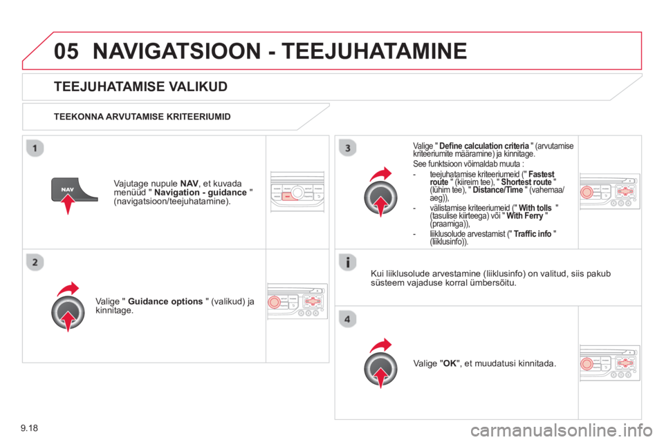 CITROEN BERLINGO ELECTRIC 2015 Kasutusjuhend (in Estonian) 9.18
05NAVIGATSIOON - TEEJUHATAMINE
TEEJUHATAMISE VALIKUD
TEEKONNA ARVUTAMISE KRITEERIUMID
Valige "
Guidance options" (valikud) ja kinnitage.
Va l i
ge "OK", et muudatusi kinnitada CITROEN BERLINGO ELECTRIC 2015 Kasutusjuhend (in Estonian) 9.18
05NAVIGATSIOON - TEEJUHATAMINE
TEEJUHATAMISE VALIKUD
TEEKONNA ARVUTAMISE KRITEERIUMID
Valige "
Guidance options" (valikud) ja kinnitage.
Va l i
ge "OK", et muudatusi kinnitada
