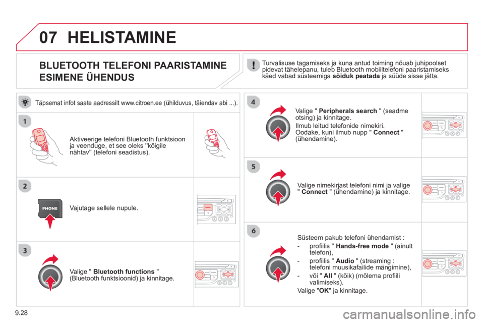 CITROEN BERLINGO ELECTRIC 2015  Kasutusjuhend (in Estonian) 9.28
07
   
 
 
 
 
 
 
 
 
 
 
BLUETOOTH TELEFONI PAARISTAMINE  
ESIMENE ÜHENDUS   Turvalisuse tagamiseks ja kuna antud toiming nõuab juhipoolsetpidevat tähelepanu, tuleb Bluetooth mobiiltelefoni 