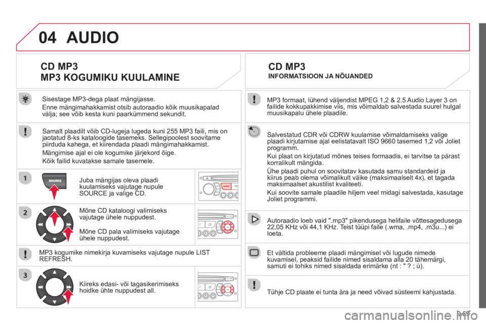 CITROEN BERLINGO ELECTRIC 2015 Kasutusjuhend (in Estonian) 9.69
04
MP3 formaat, lühend väljendist MPEG 1,2 & 2.5 Audio Layer 3 on
failide kokkupakkimise viis, mis võimaldab salvestada suurel hulgal muusikapalu ühele plaadile.
Salvestatud CDR või CDR CITROEN BERLINGO ELECTRIC 2015 Kasutusjuhend (in Estonian) 9.69
04
MP3 formaat, lühend väljendist MPEG 1,2 & 2.5 Audio Layer 3 on
failide kokkupakkimise viis, mis võimaldab salvestada suurel hulgal muusikapalu ühele plaadile.
Salvestatud CDR või CDR