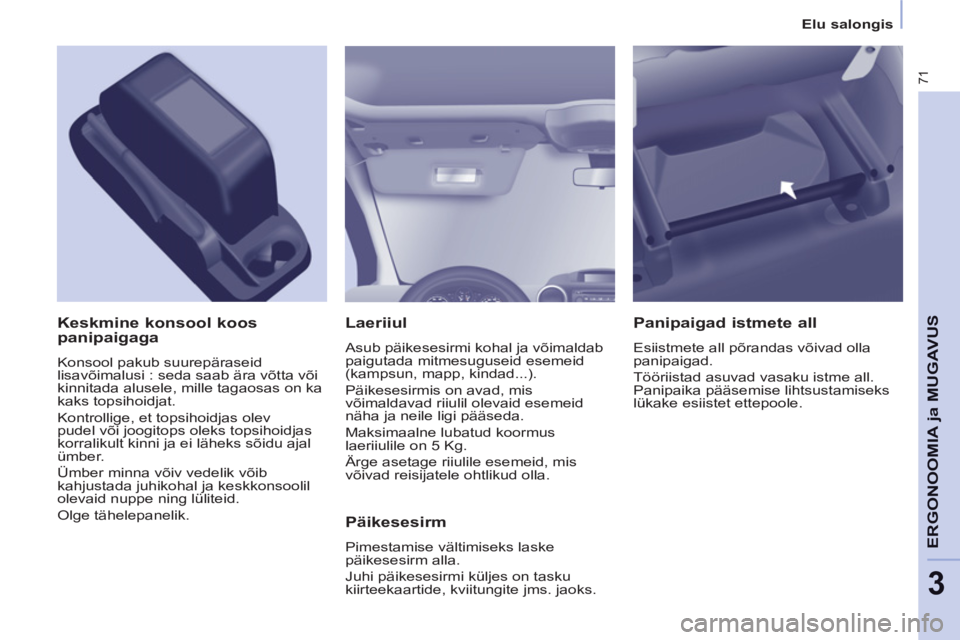 CITROEN BERLINGO ELECTRIC 2015  Kasutusjuhend (in Estonian) 3
Elu salongis
71
ERGONOOMIA 
ja MUGAVU
S   
Laeriiul 
 
Asub päikesesirmi kohal ja võimaldab 
paigutada mitmesuguseid esemeid 
(kampsun, mapp, kindad...). 
  Päikesesirmis on avad, mis 
võimaldav