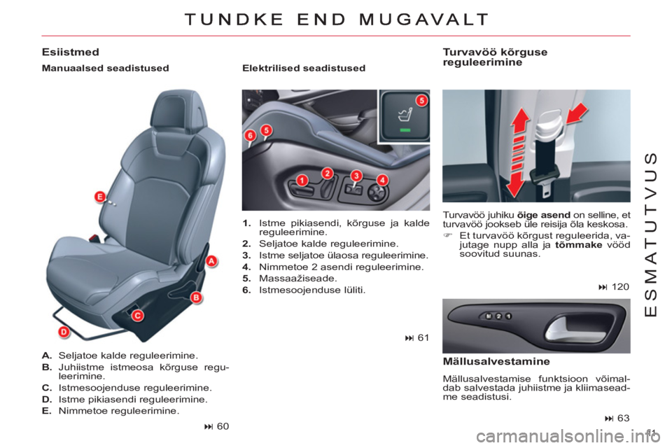CITROEN C5 2014  Kasutusjuhend (in Estonian) 11  
ESMATUTVUS
   
 
1. 
  Istme pikiasendi, kõrguse ja kalde 
reguleerimine. 
   
2. 
  Seljatoe kalde reguleerimine. 
   
3. 
  Istme seljatoe ülaosa reguleerimine. 
   
4. 
  Nimmetoe 2 asendi r