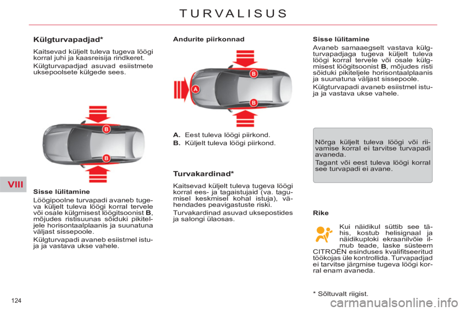 CITROEN C5 2014  Kasutusjuhend (in Estonian) VIII
124 
TURVALISUS
   
 
 
 
 
 
 
 
 
Külgturvapadjad *  
 
Kaitsevad küljelt tuleva tugeva löögi 
korral juhi ja kaasreisija rindkeret. 
  Külgturvapadjad asuvad esiistmete 
uksepoolsete kül