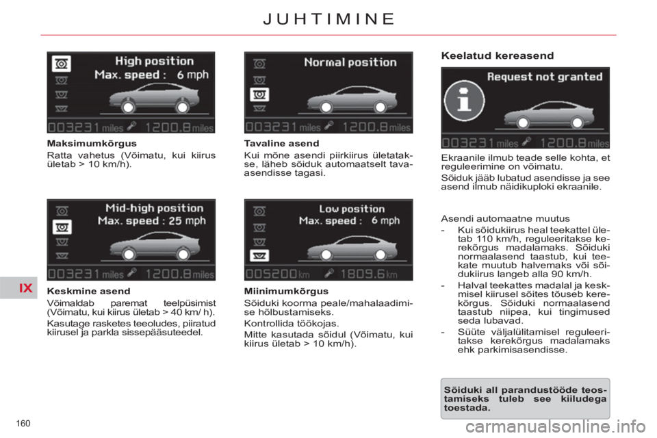 CITROEN C5 2014 Kasutusjuhend (in Estonian) IX
160
JUHTIMINE
Keelatud kereasend
Ekraanile ilmub teade selle kohta, et
reguleerimine on vテオimatu.
Sテオiduk jテ、テ、b lubatud asendisse ja see
asend ilmub nテ、idikuploki ekraanile.
Ase CITROEN C5 2014 Kasutusjuhend (in Estonian) IX
160
JUHTIMINE
Keelatud kereasend
Ekraanile ilmub teade selle kohta, et
reguleerimine on vテオimatu.
Sテオiduk jテ、テ、b lubatud asendisse ja see
asend ilmub nテ、idikuploki ekraanile.
Ase