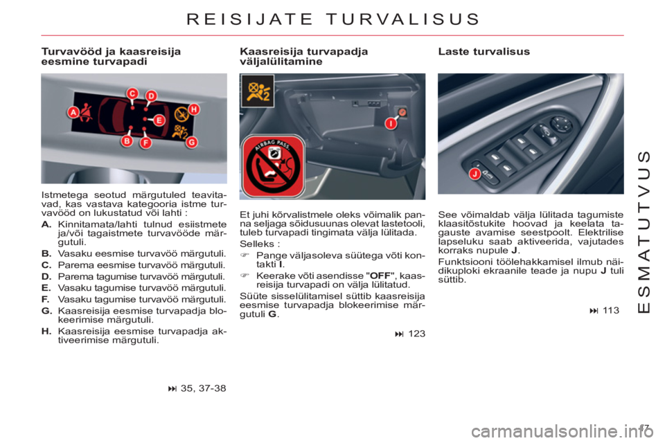CITROEN C5 2014  Kasutusjuhend (in Estonian) 17 
ESMATUTVUS
  REISIJATE TURVALISUS
 
 
Kaasreisija turvapadja 
väljalülitamine    
Laste turvalisus   
 
Turvavööd ja kaasreisija 
eesmine turvapadi 
  Istmetega seotud märgutuled teavita-
vad