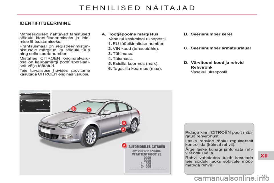 CITROEN C5 2014 Kasutusjuhend (in Estonian) XII
221
TEHNILISED NÄITAJAD
IDENTIFITSEERIMINE
Mitmesugused nähtavad tähistused
sõiduki identifi tseerimiseks ja leid-
mise lihtsustamiseks.
Prantsusmaal on registreerimistun-
nistusele m CITROEN C5 2014 Kasutusjuhend (in Estonian) XII
221
TEHNILISED NÄITAJAD
IDENTIFITSEERIMINE
Mitmesugused nähtavad tähistused
sõiduki identifi tseerimiseks ja leid-
mise lihtsustamiseks.
Prantsusmaal on registreerimistun-
nistusele m