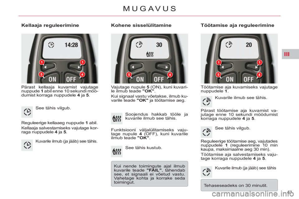 CITROEN C5 2014  Kasutusjuhend (in Estonian) III
57 
MUGAVUS
   
Kellaaja reguleerimine 
 
Pärast kellaaja kuvamist vajutage 
nuppude  1 
 abil enne 10 sekundi möö-
dumist korraga nuppudele  4 
 ja  5 
. 
 
 
Kohene sisselülitamine 
 
Vajuta