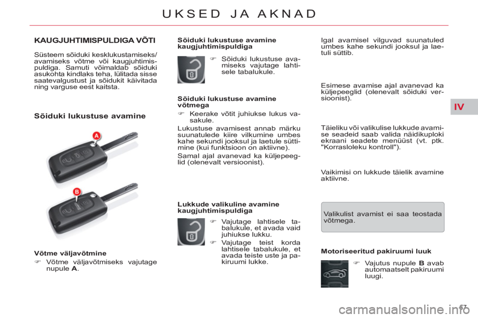 CITROEN C5 2014  Kasutusjuhend (in Estonian) IV
67 
UKSED JA AKNAD
KAUGJUHTIMISPULDIGA VÕTI
  Süsteem sõiduki kesklukustamiseks/
avamiseks võtme või kaugjuhtimis-
puldiga. Samuti võimaldab sõiduki 
asukohta kindlaks teha, lülitada sisse 