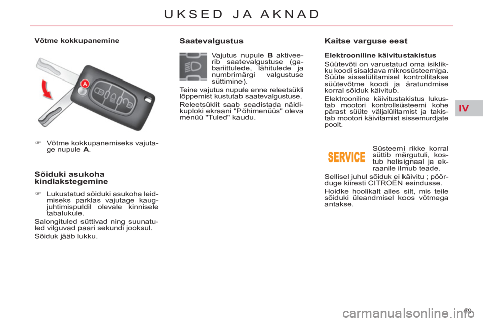 CITROEN C5 2014  Kasutusjuhend (in Estonian) IV
69 
UKSED JA AKNAD
   
 
�) 
  Võtme kokkupanemiseks vajuta-
ge nupule  A 
.  
 
 
 
 
 
 
 
 
 
Sõiduki asukoha 
kindlakstegemine 
   
 
�) 
  Lukustatud sõiduki asukoha leid-
miseks parklas va