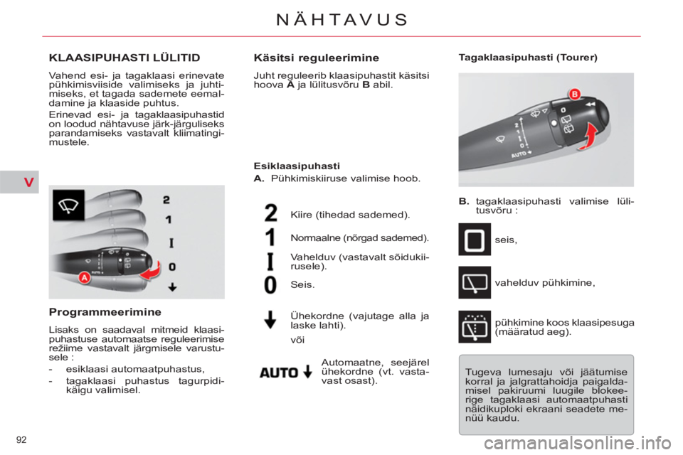 CITROEN C5 2014 Kasutusjuhend (in Estonian) V
92
NÄHTAVUS
KLAASIPUHASTI LÜLITID
Vahend esi- ja tagaklaasi erinevate
pühkimisviiside valimiseks ja juhti-
miseks, et tagada sademete eemal-
damine ja klaaside puhtus.
Erinevad esi- ja tag CITROEN C5 2014 Kasutusjuhend (in Estonian) V
92
NÄHTAVUS
KLAASIPUHASTI LÜLITID
Vahend esi- ja tagaklaasi erinevate
pühkimisviiside valimiseks ja juhti-
miseks, et tagada sademete eemal-
damine ja klaaside puhtus.
Erinevad esi- ja tag