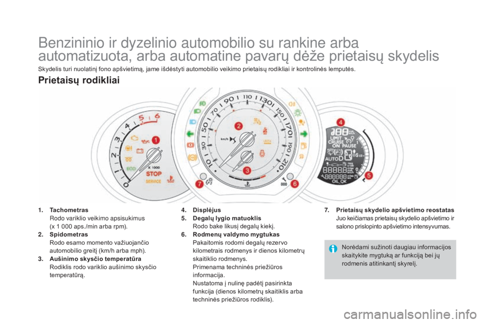CITROEN DS3 2016 Eksploatavimo vadovas (in Lithuanian) DS3_lt_Chap01_controle-de-marche_ed01-2015
Benzininio ir dyzelinio automobilio su rankine arba
automatizuota, arba automatine pavarų dėže prietaisų skydelis
Skydelis turi nuolatinį fono apšviet CITROEN DS3 2016 Eksploatavimo vadovas (in Lithuanian) DS3_lt_Chap01_controle-de-marche_ed01-2015
Benzininio ir dyzelinio automobilio su rankine arba
automatizuota, arba automatine pavarų dėže prietaisų skydelis
Skydelis turi nuolatinį fono apšviet