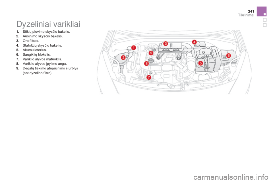 CITROEN DS3 2016 Eksploatavimo vadovas (in Lithuanian) 241
DS3_lt_Chap09_verifications_ed01-2015
Dyzeliniai varikliai
1. Stiklų plovimo skysčio bakelis.
2. Aušinimo skysčio bakelis.
3.
O
ro filtras.
4.
S
tabdžių skysčio bakelis.
5.
A
kumuliat CITROEN DS3 2016 Eksploatavimo vadovas (in Lithuanian) 241
DS3_lt_Chap09_verifications_ed01-2015
Dyzeliniai varikliai
1. Stiklų plovimo skysčio bakelis.
2. Aušinimo skysčio bakelis.
3.
O
ro filtras.
4.
S
tabdžių skysčio bakelis.
5.
A
kumuliat