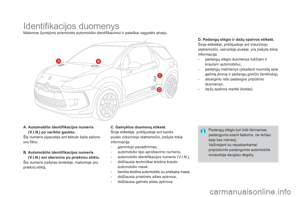 CITROEN DS3 2016 Eksploatavimo vadovas (in Lithuanian) DS3_lt_Chap10_caracteristiques_ed01-2015
Identifikacijos duomenysMatomos žymėjimo priemonės automobilio identifikavimui ir paieškai vagystės atveju.
A.
A
utomobilio identifikacijos numeris
(V CITROEN DS3 2016 Eksploatavimo vadovas (in Lithuanian) DS3_lt_Chap10_caracteristiques_ed01-2015
Identifikacijos duomenysMatomos žymėjimo priemonės automobilio identifikavimui ir paieškai vagystės atveju.
A.
A
utomobilio identifikacijos numeris
(V
