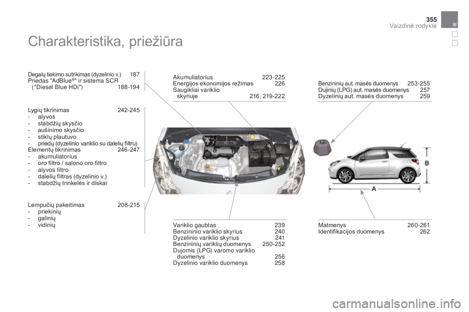 CITROEN DS3 2016 Eksploatavimo vadovas (in Lithuanian) 355
DS3_lt_Chap12_index-recherche_ed01-2015
Charakteristika, priežiūra
Degalų tiekimo sutrikimas (dyzelinio v.) 187
Priedas "AdBlue®" ir sistema SCr
("Diesel Blue HDi") 1 88 - CITROEN DS3 2016 Eksploatavimo vadovas (in Lithuanian) 355
DS3_lt_Chap12_index-recherche_ed01-2015
Charakteristika, priežiūra
Degalų tiekimo sutrikimas (dyzelinio v.) 187
Priedas "AdBlue®" ir sistema SCr
("Diesel Blue HDi") 1 88 -