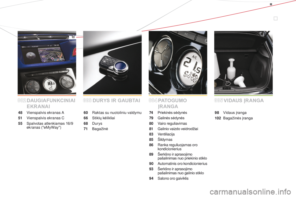CITROEN DS3 2015  Eksploatavimo vadovas (in Lithuanian) DS3_lt_Chap00a_sommaire_ed01-2014
DAUGIAFUNKCINIAI 
EKRANAIPAT O G U M O  
ĮRANGA
DURYs
 IR GAUBTAI
48 vienspalvis ekranas a
51 

v
i
 enspalvis ekranas C
55
 S

palvotas atlenkiamas 16/9 
ekranas (&