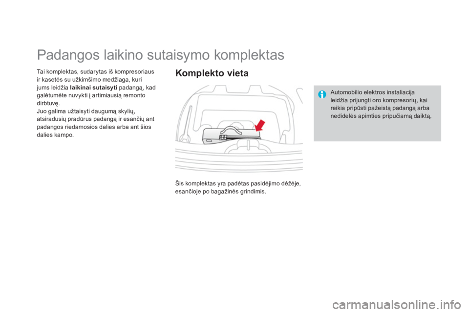 CITROEN DS3 2014  Eksploatavimo vadovas (in Lithuanian)    
 
 
 
 
 
 
 
 
 
 
 
 
 
 
 
 
Padangos laikino sutaisymo komplektas 
Tai komplektas, sudarytas iš kompresoriaus 
ir kasetės su užkimšimo medžiaga, kuri jums leidžia laikinai sutaisyti 
 pa