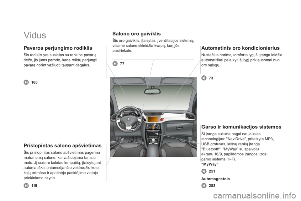 CITROEN DS3 2013  Eksploatavimo vadovas (in Lithuanian)   Vidus  
Prislopintas salono apšvietimas 
Šis prislopintas salono apšvietimas pagerinamatomumą salone, kai važiuojama tamsiumetu. Jį sudaro keletas lempučių, įtaisytų antautomatiškai patam