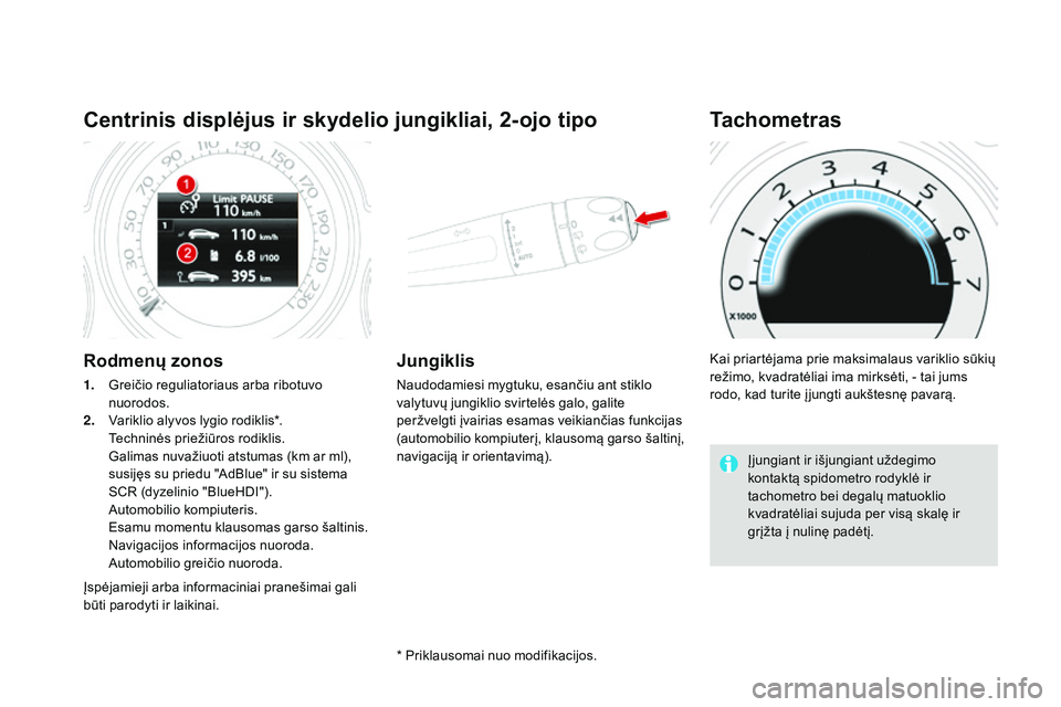 CITROEN DS4 2015 Eksploatavimo vadovas (in Lithuanian) DS4_lt_Chap01_controle-de-marche_ed02-2015
Centrinis displÄ—jus ir skydelio jungikliai, 2-ojo tipo
Rodmenų zonos
1. GreiÄio reguliatoriaus arba ribotuvo nuorodos.
2.
V
ariklio alyvos lygio rodikli CITROEN DS4 2015 Eksploatavimo vadovas (in Lithuanian) DS4_lt_Chap01_controle-de-marche_ed02-2015
Centrinis displÄ—jus ir skydelio jungikliai, 2-ojo tipo
Rodmenų zonos
1. GreiÄio reguliatoriaus arba ribotuvo nuorodos.
2.
V
ariklio alyvos lygio rodikli