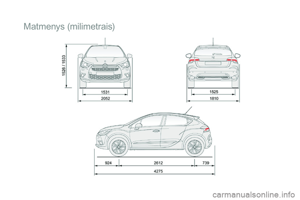 CITROEN DS4 2015 Eksploatavimo vadovas (in Lithuanian) DS4_lt_Chap11_caracteristiques_ed02-2015
Matmenys (milimetrais) CITROEN DS4 2015 Eksploatavimo vadovas (in Lithuanian) DS4_lt_Chap11_caracteristiques_ed02-2015
Matmenys (milimetrais)