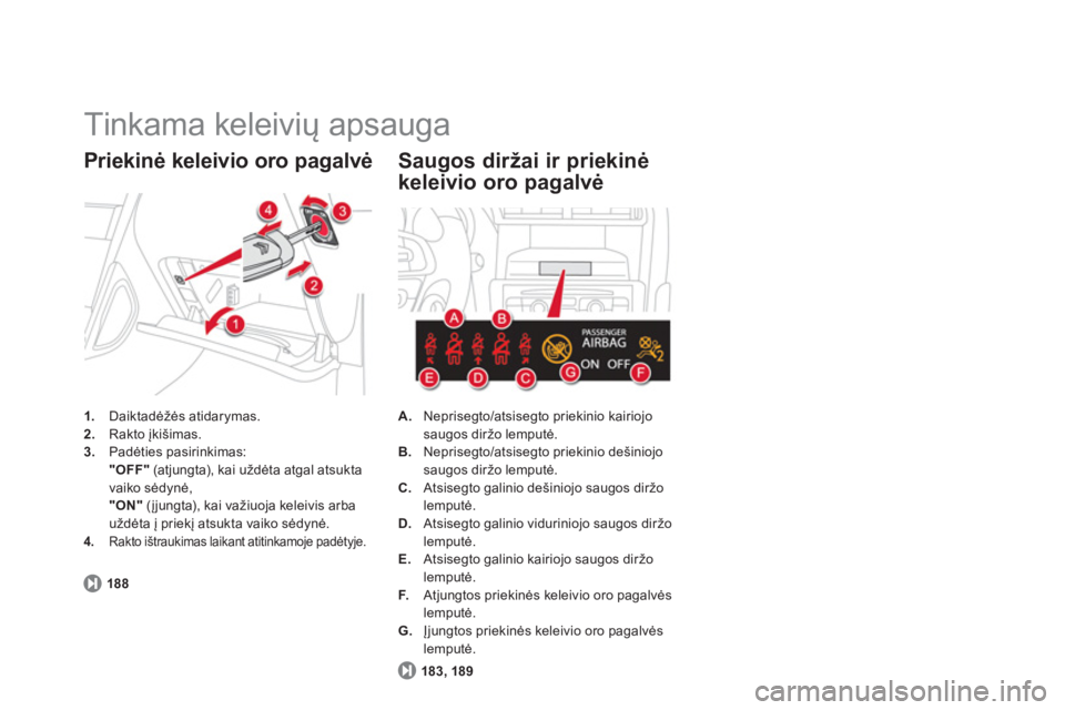 CITROEN DS4 2014  Eksploatavimo vadovas (in Lithuanian)   Tinkama keleivių apsauga 
 
 
 
1. 
 Daiktadėžės atidarymas. 
   
2. 
 Rakto įkišimas. 
   
3. 
 Padėties pasirinkimas:  
  "OFF" 
 (atjungta), kai uždėta atgal atsukta 
vaiko sėdynė,  
 