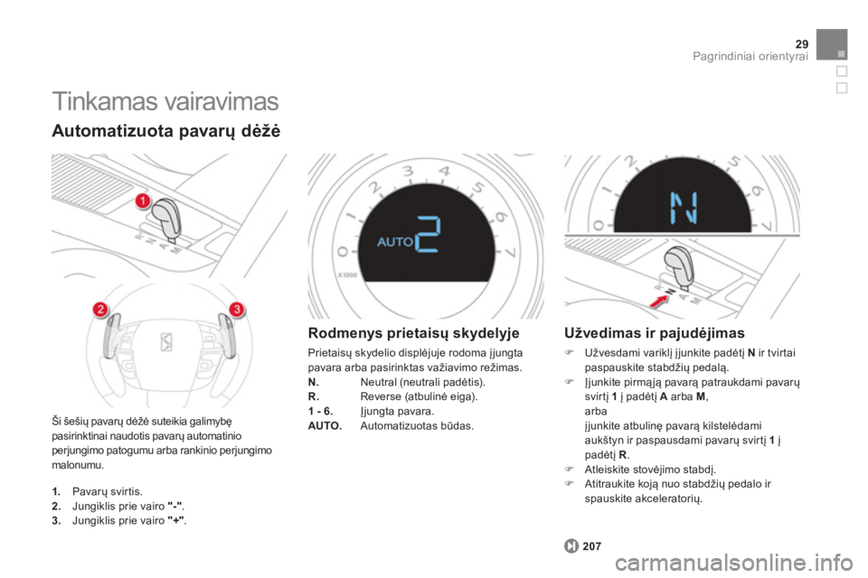 CITROEN DS4 2014  Eksploatavimo vadovas (in Lithuanian) 29Pagrindiniai orientyrai
  Tinkamas vairavimas 
 
Ši šešių pavarų dėžė suteikia galimybę 
pasirinktinai naudotis pavarų automatinio 
perjungimo patogumu arba rankinio perjungimo 
malonumu. 