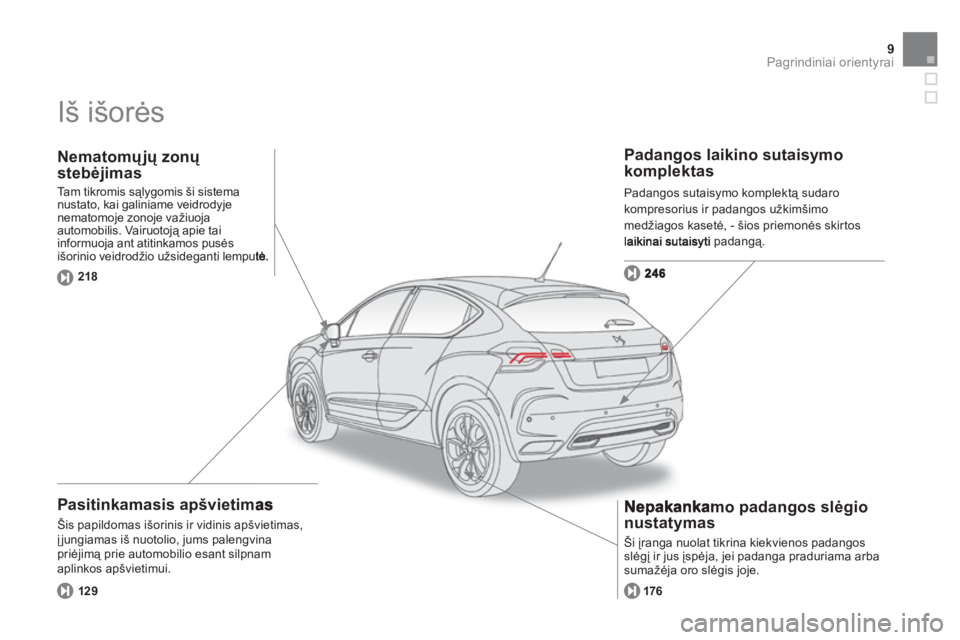 CITROEN DS4 2013  Eksploatavimo vadovas (in Lithuanian) 9Pagrindiniai orientyrai
  Iš išorės  
 
 
Pasitinkamasis apšvietimas 
 
Šis papildomas išorinis ir vidinis apšvietimas, įjungiamas i