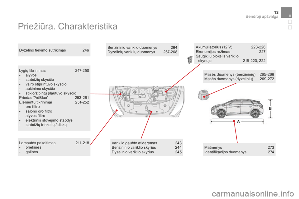 CITROEN DS5 2016  Eksploatavimo vadovas (in Lithuanian) 13
DS5_lt_Chap00b_vue-ensemble_ed02-2015
Priežiūra. Charakteristika
Lygių tikrinimas  247-250
- al yvos
-
 st

abdžių skysčio
-
 va

iro stiprintuvo skysčio
-
 au

šinimo skysčio
-
 st

iklo/