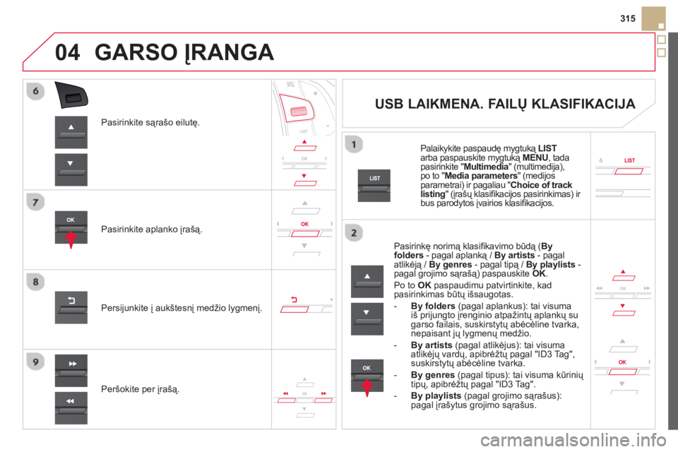 CITROEN DS5 2013  Eksploatavimo vadovas (in Lithuanian) 04
315
Pasirinkite sąrašo eilutę. 
Pasirinkite aplanko įrašą.
Per
šokite per įrašą. Persi
junkite į aukštesnį medžio lygmenį.
GARSO ĮRANGA 
 
 
 
 
 
 
 
 
 
 
USB LAIKMENA. FAILŲ KLA
