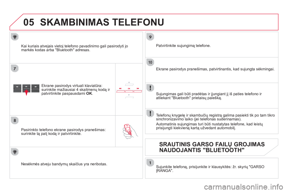 CITROEN DS5 2013 Eksploatavimo vadovas (in Lithuanian)
05SKAMBINIMAS TELEFONU
Ekrane pasirodys virtuali klaviatūra:
surinkite mažiausiai 4 skaitmenų kodą ir
patvirtinkite paspausdami O
K.
Pasirinkto tele
fono ekrane pasirodys pranešimas: s CITROEN DS5 2013 Eksploatavimo vadovas (in Lithuanian)
05SKAMBINIMAS TELEFONU
Ekrane pasirodys virtuali klaviatūra:
surinkite mažiausiai 4 skaitmenų kodą ir
patvirtinkite paspausdami O
K.
Pasirinkto tele
fono ekrane pasirodys pranešimas: s