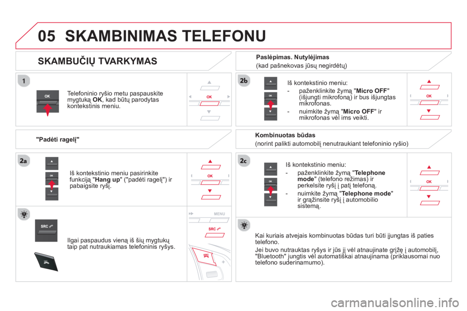 CITROEN DS5 2013 Eksploatavimo vadovas (in Lithuanian)
05
SRC
SKAMBINIMAS TELEFONU
Telefoninio ryšio metu paspauskite
mygtuką OK
, kad būtų parodytaskontekstinis meniu.
"Pad
ėti ragelį"
I
š kontekstinio meniu:
- paženklinkite žy CITROEN DS5 2013 Eksploatavimo vadovas (in Lithuanian)
05
SRC
SKAMBINIMAS TELEFONU
Telefoninio ryšio metu paspauskite
mygtuką OK
, kad būtų parodytaskontekstinis meniu.
"Pad
ėti ragelį"
I
š kontekstinio meniu:
- paženklinkite žy