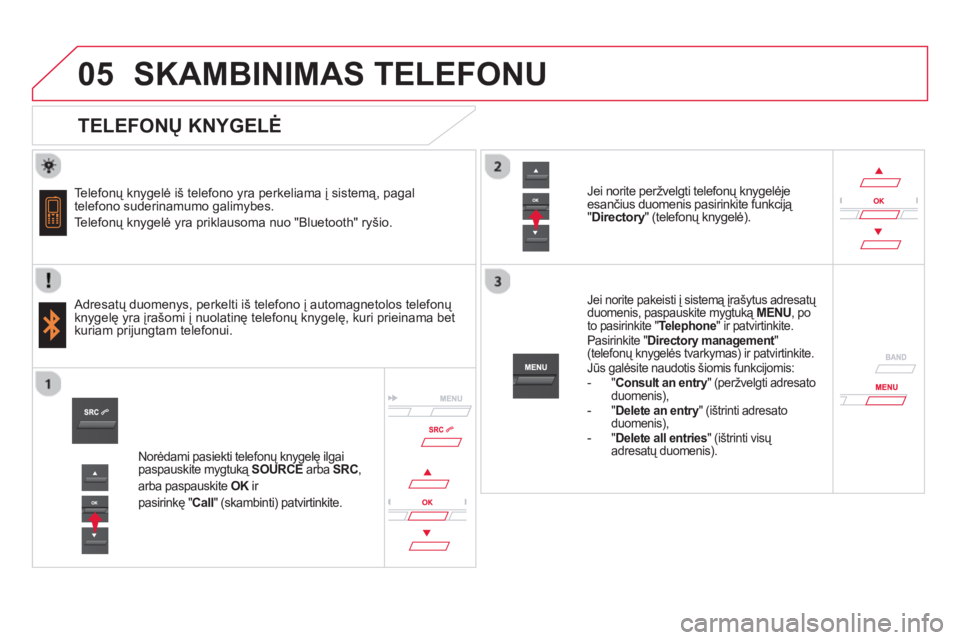 CITROEN DS5 2013 Eksploatavimo vadovas (in Lithuanian)
05SKAMBINIMAS TELEFONU
TELEFONŲ KNYGELĖ
Telefonų knygelė iš telefono yra perkeliama į sistemą, pagal
telefono suderinamumo galimybes.
Telefonų kn
ygelė yra priklausoma n CITROEN DS5 2013 Eksploatavimo vadovas (in Lithuanian)
05SKAMBINIMAS TELEFONU
TELEFONŲ KNYGELĖ
Telefonų knygelė iš telefono yra perkeliama į sistemą, pagal
telefono suderinamumo galimybes.
Telefonų kn
ygelė yra priklausoma n