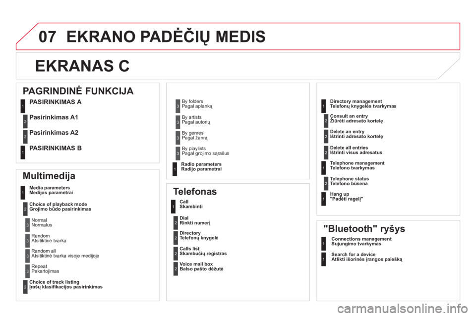 CITROEN DS5 2013  Eksploatavimo vadovas (in Lithuanian) 07 EKRANO PADĖČIŲ MEDIS
EKRANAS C 
 
 
Multimedija 
Media parameters Medijos parametrai 
Choice of pla
yback mode Grojimo būdo pasirinkimas  
Choice of track listin
g 
Įrašų klasiﬁ kacijos pa